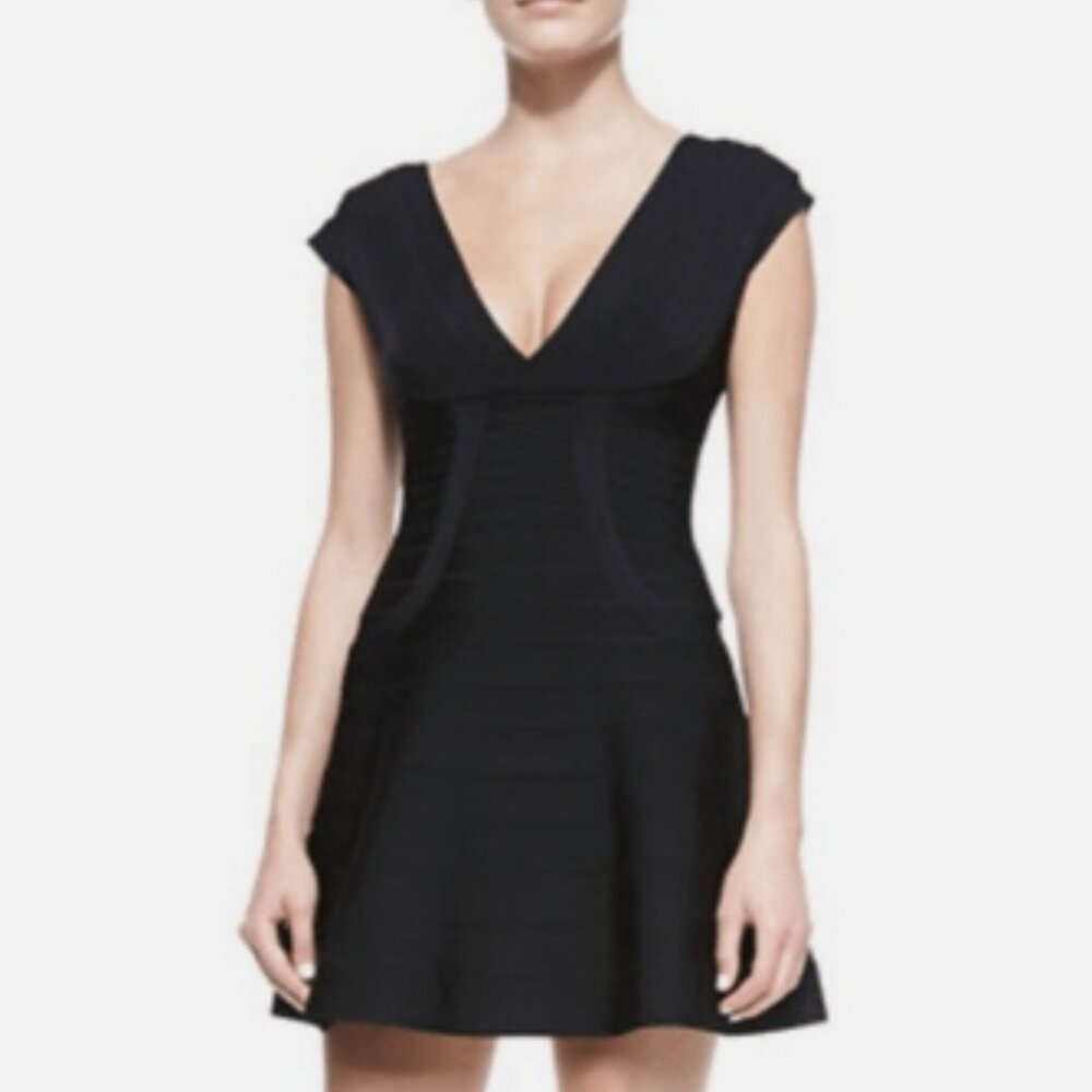 🖤 Herve Leger Classic Black Bandage Ribbon Dress V-Neck Fit & Flare Mini Size M